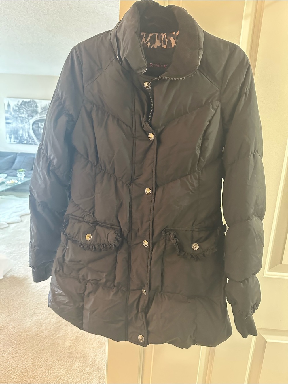 Betsey Johnson Black Quilted Puffer Coat with Fringe Pocket Trim